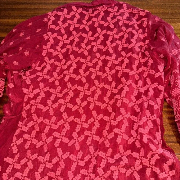 Johnny Was embroidered wrap cardigan jacket Kimono Asymmetrical Top Small Maroon